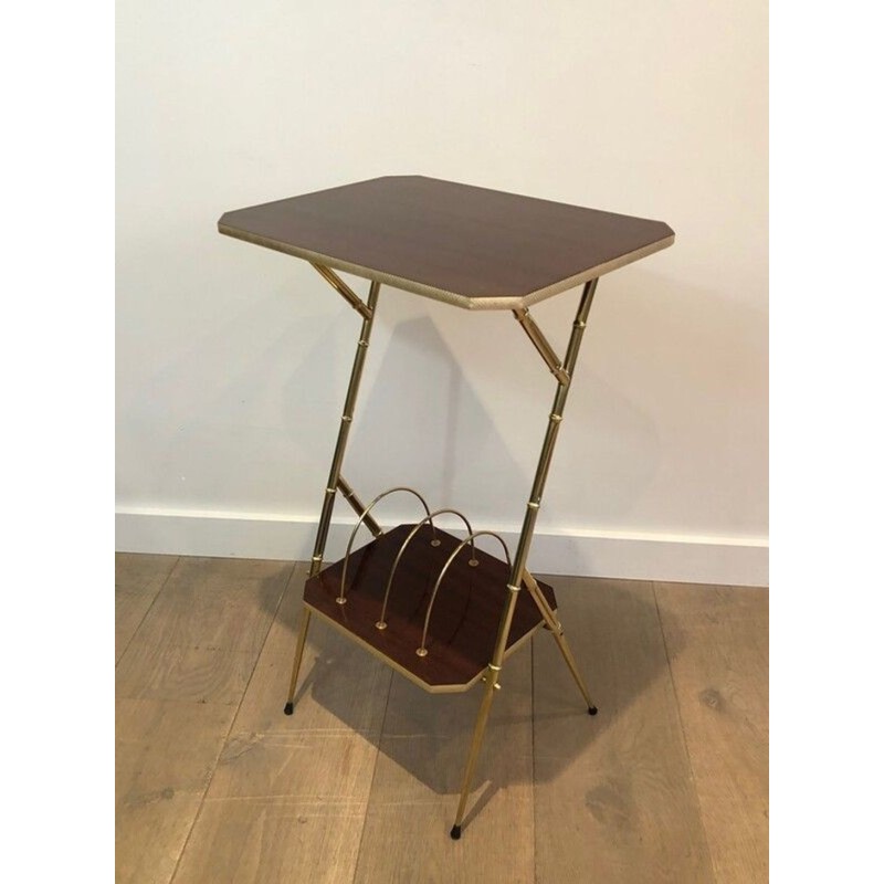 Mahogany & Faux-Bamboo Gilt Metal Side Table with Lower Magazine Rack, France circa 1970