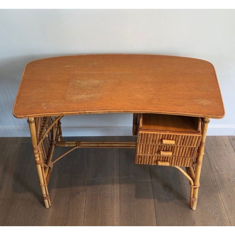 Bureau en Rotin à Tiroirs, Attribué à Audoux-Minet, France vers 1960