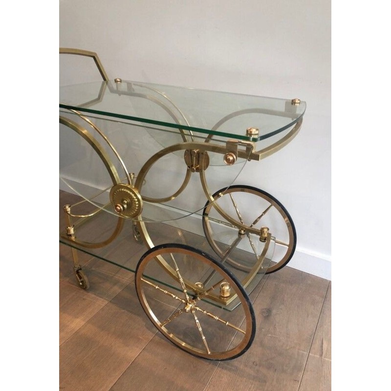 Rare Table Roulante Néoclassique en Laiton à Panneaux de Verre Amovibles, Maison Baguès, vers 1940