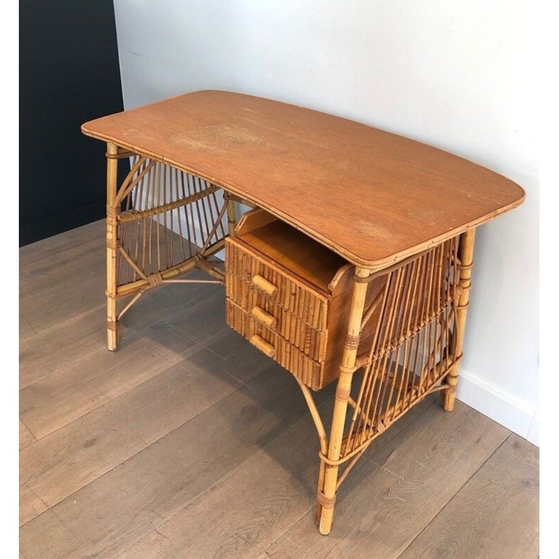 Bureau en Rotin à Tiroirs, Attribué à Audoux-Minet, France vers 1960