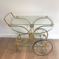 Rare Table Roulante Néoclassique en Laiton à Panneaux de Verre Amovibles, Maison Baguès, vers 1940