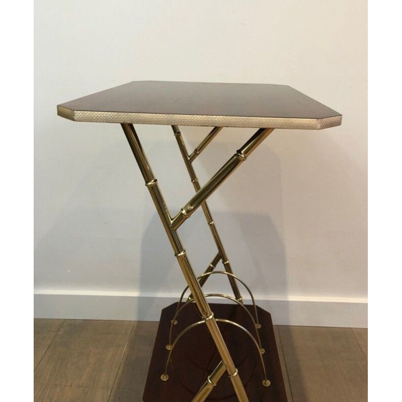 Mahogany & Faux-Bamboo Gilt Metal Side Table with Lower Magazine Rack, France circa 1970