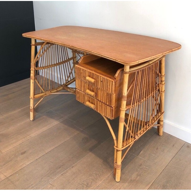 Bureau en Rotin à Tiroirs, Attribué à Audoux-Minet, France vers 1960