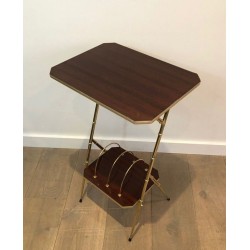 Mahogany & Faux-Bamboo Gilt Metal Side Table with Lower Magazine Rack, France circa 1970
