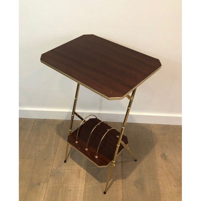 Mahogany & Faux-Bamboo Gilt Metal Side Table with Lower Magazine Rack, France circa 1970