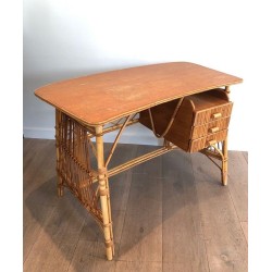 Bureau en Rotin à Tiroirs, Attribué à Audoux-Minet, France vers 1960