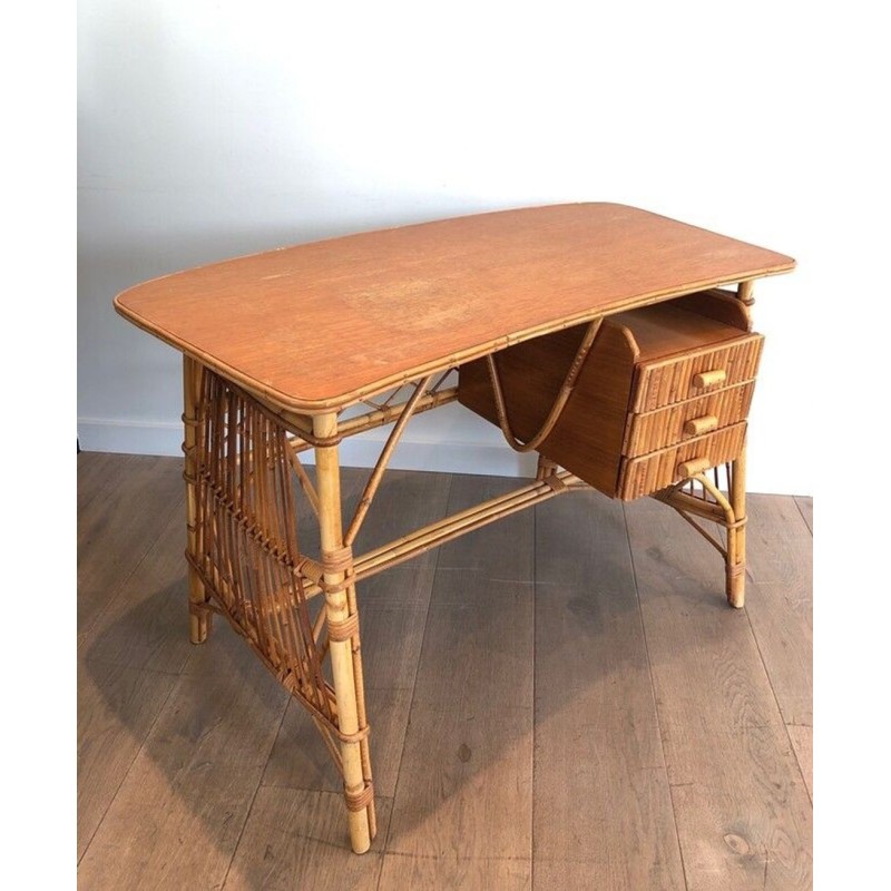 Bureau en Rotin à Tiroirs, Attribué à Audoux-Minet, France vers 1960