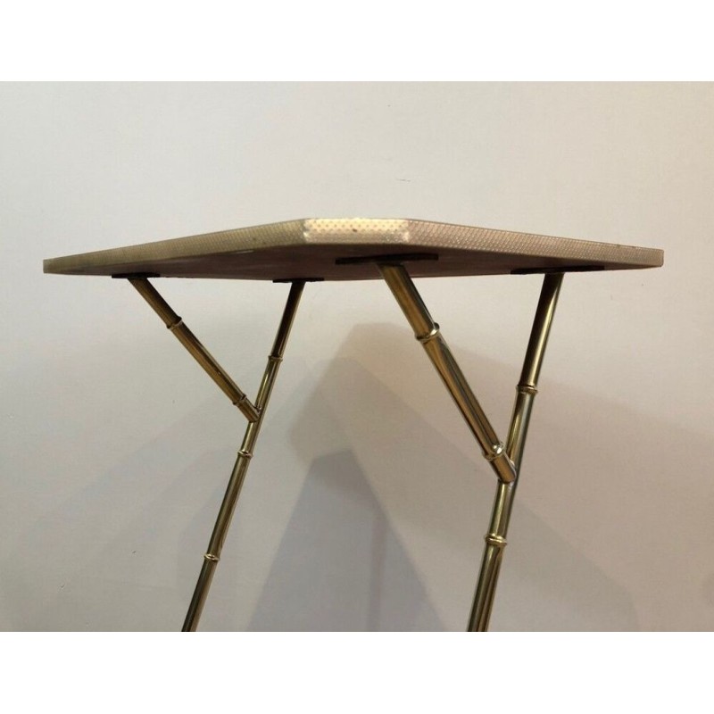 Mahogany & Faux-Bamboo Gilt Metal Side Table with Lower Magazine Rack, France circa 1970