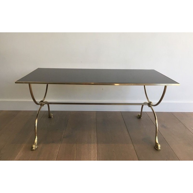Table Basse Néoclassique en Laiton, Têtes de Dauphin et Plateau Miroir, Maison Jansen, vers 1940