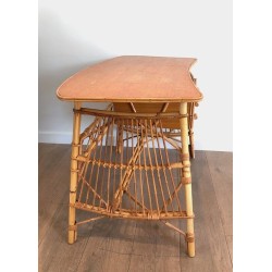 Rattan Desk with Two Drawers, Attributed to Audoux-Minet, France circa 1960