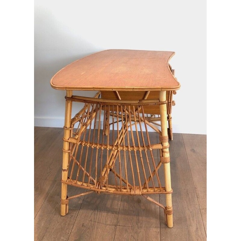 Bureau en Rotin à Tiroirs, Attribué à Audoux-Minet, France vers 1960