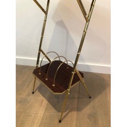 Mahogany & Faux-Bamboo Gilt Metal Side Table with Lower Magazine Rack, France circa 1970