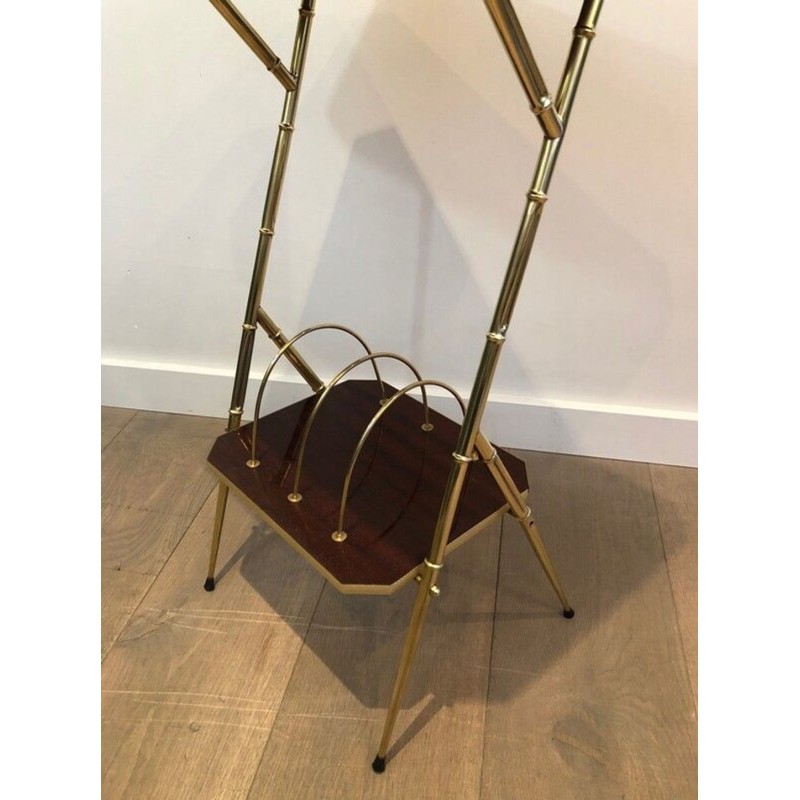 Mahogany & Faux-Bamboo Gilt Metal Side Table with Lower Magazine Rack, France circa 1970