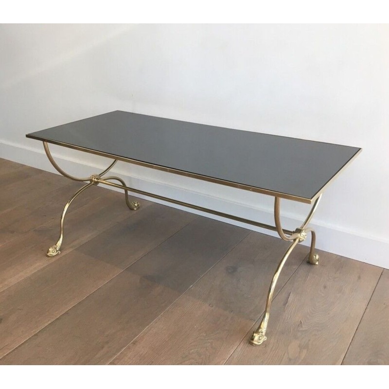 Table Basse Néoclassique en Laiton, Têtes de Dauphin et Plateau Miroir, Maison Jansen, vers 1940