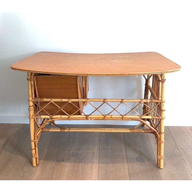 Bureau en Rotin à Tiroirs, Attribué à Audoux-Minet, France vers 1960