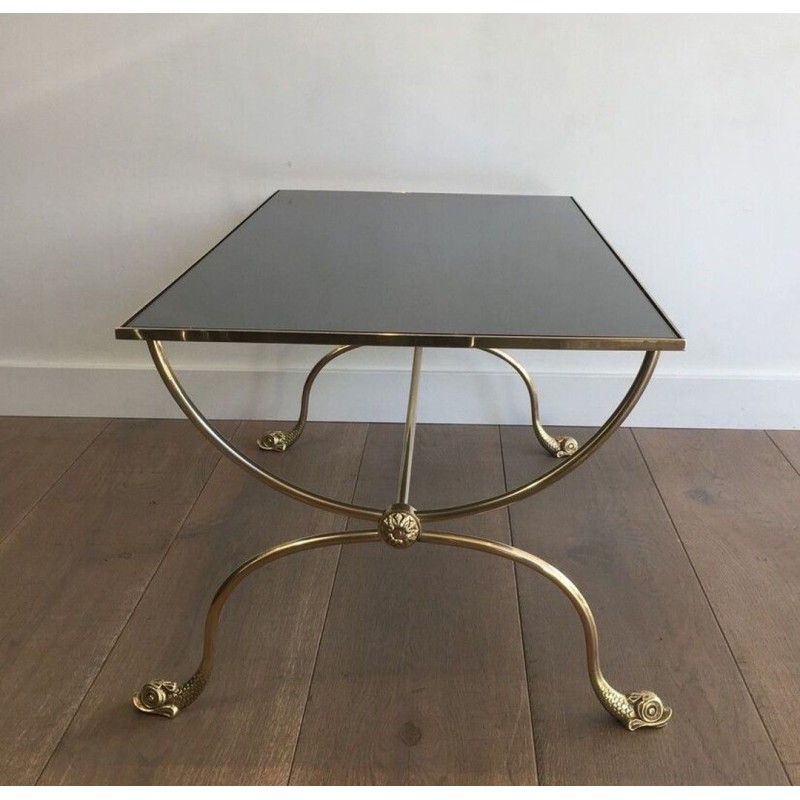 Table Basse Néoclassique en Laiton, Têtes de Dauphin et Plateau Miroir, Maison Jansen, vers 1940