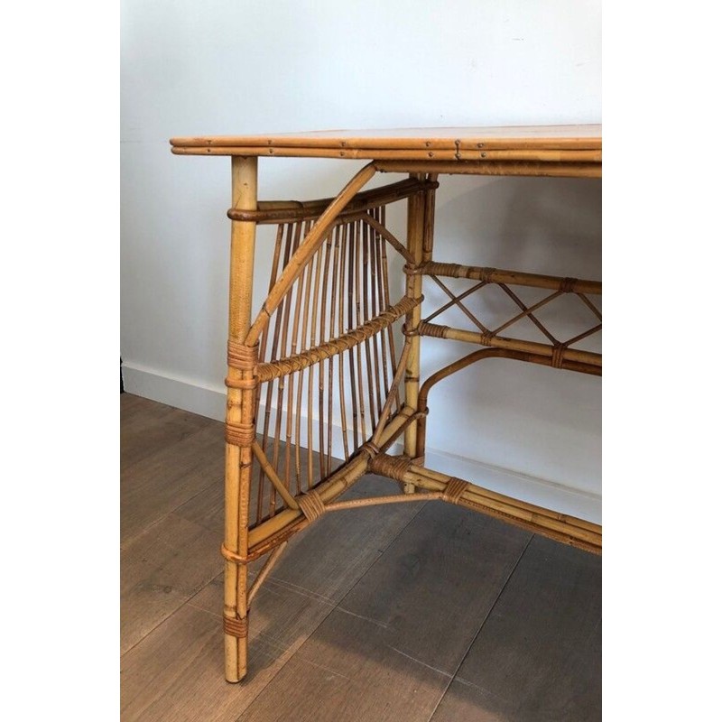 Bureau en Rotin à Tiroirs, Attribué à Audoux-Minet, France vers 1960