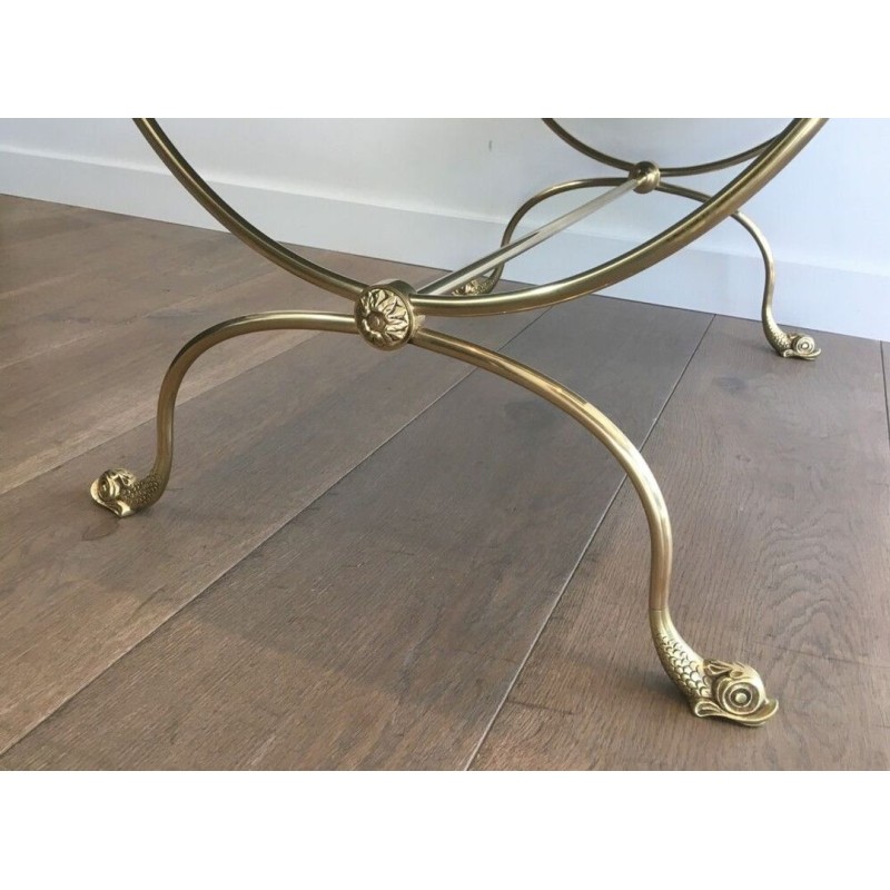 Table Basse Néoclassique en Laiton, Têtes de Dauphin et Plateau Miroir, Maison Jansen, vers 1940