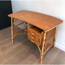 Bureau en Rotin à Tiroirs, Attribué à Audoux-Minet, France vers 1960