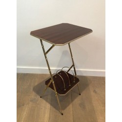 Mahogany & Faux-Bamboo Gilt Metal Side Table with Lower Magazine Rack, France circa 1970