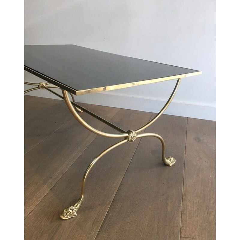 Table Basse Néoclassique en Laiton, Têtes de Dauphin et Plateau Miroir, Maison Jansen, vers 1940