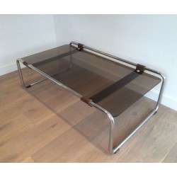 Table Basse à Deux Niveaux en Chrome, Cuir Brun et Verre Fumé, France circa 1950