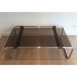 Table Basse à Deux Niveaux en Chrome, Cuir Brun et Verre Fumé, France circa 1950