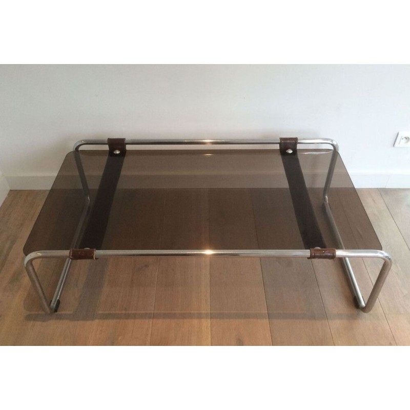 Table Basse à Deux Niveaux en Chrome, Cuir Brun et Verre Fumé, France circa 1950