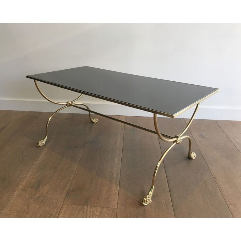 Table Basse Néoclassique en Laiton, Têtes de Dauphin et Plateau Miroir, Maison Jansen, vers 1940