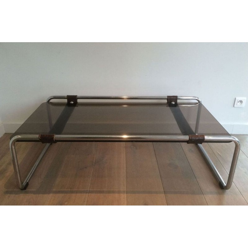 Table Basse à Deux Niveaux en Chrome, Cuir Brun et Verre Fumé, France circa 1950