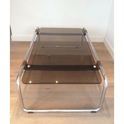 Table Basse à Deux Niveaux en Chrome, Cuir Brun et Verre Fumé, France circa 1950