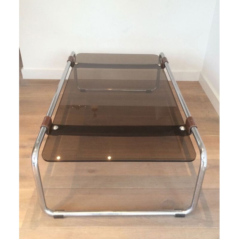 Table Basse à Deux Niveaux en Chrome, Cuir Brun et Verre Fumé, France circa 1950