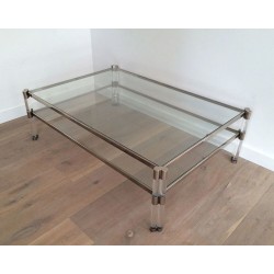 Grande Table Basse à Deux Niveaux en Lucite et Chrome, Plateaux de Verre et Roulettes, circa 1970
