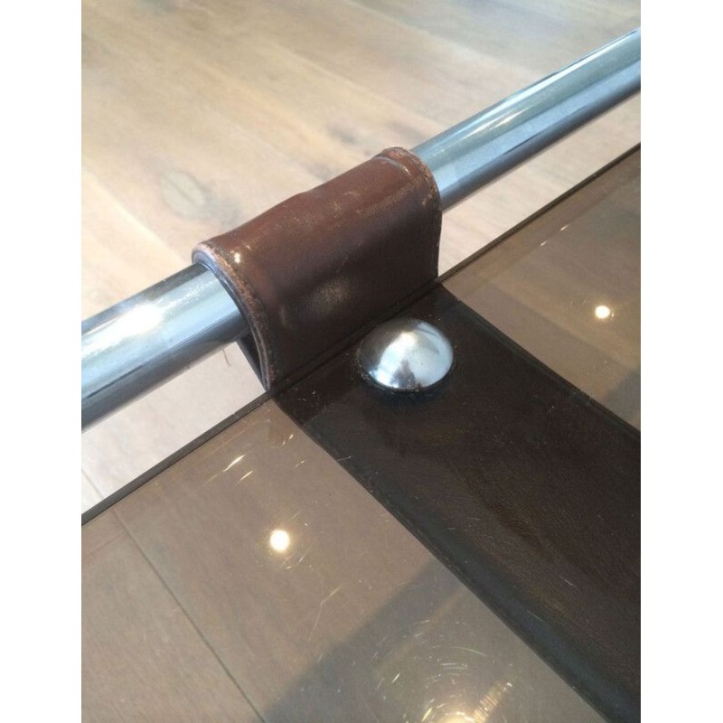 Table Basse à Deux Niveaux en Chrome, Cuir Brun et Verre Fumé, France circa 1950