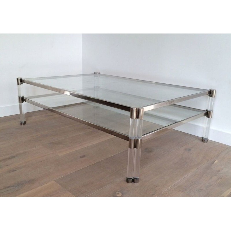 Grande Table Basse à Deux Niveaux en Lucite et Chrome, Plateaux de Verre et Roulettes, circa 1970