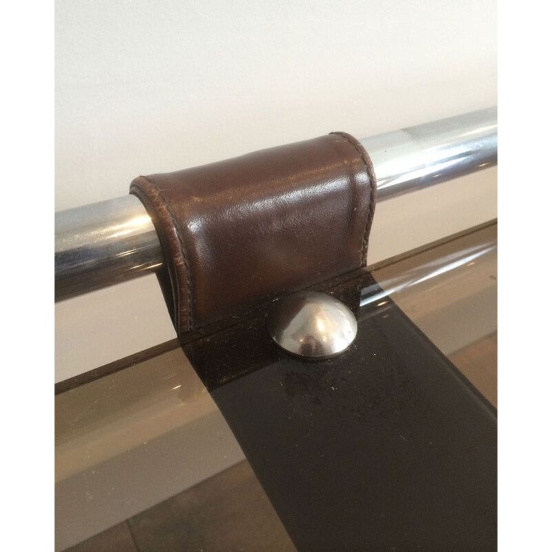 Table Basse à Deux Niveaux en Chrome, Cuir Brun et Verre Fumé, France circa 1950