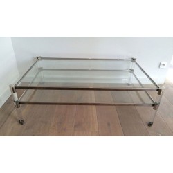Grande Table Basse à Deux Niveaux en Lucite et Chrome, Plateaux de Verre et Roulettes, circa 1970