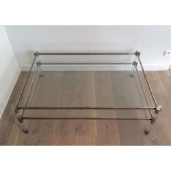 Grande Table Basse à Deux Niveaux en Lucite et Chrome, Plateaux de Verre et Roulettes, circa 1970