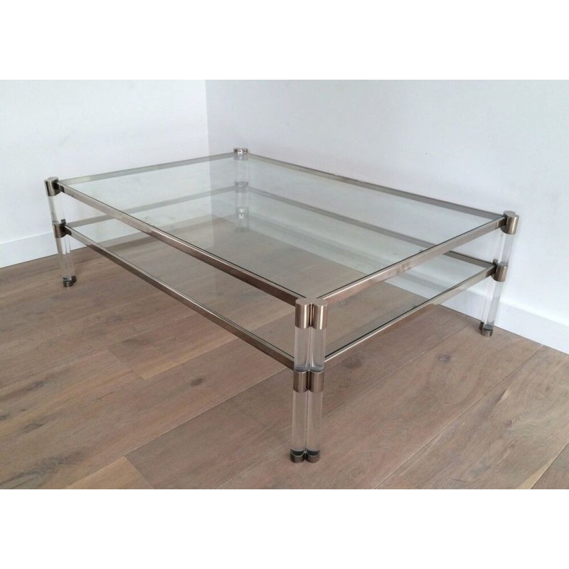 Grande Table Basse à Deux Niveaux en Lucite et Chrome, Plateaux de Verre et Roulettes, circa 1970