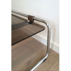 Table Basse à Deux Niveaux en Chrome, Cuir Brun et Verre Fumé, France circa 1950