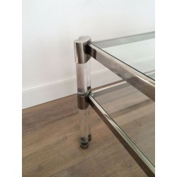 Grande Table Basse à Deux Niveaux en Lucite et Chrome, Plateaux de Verre et Roulettes, circa 1970
