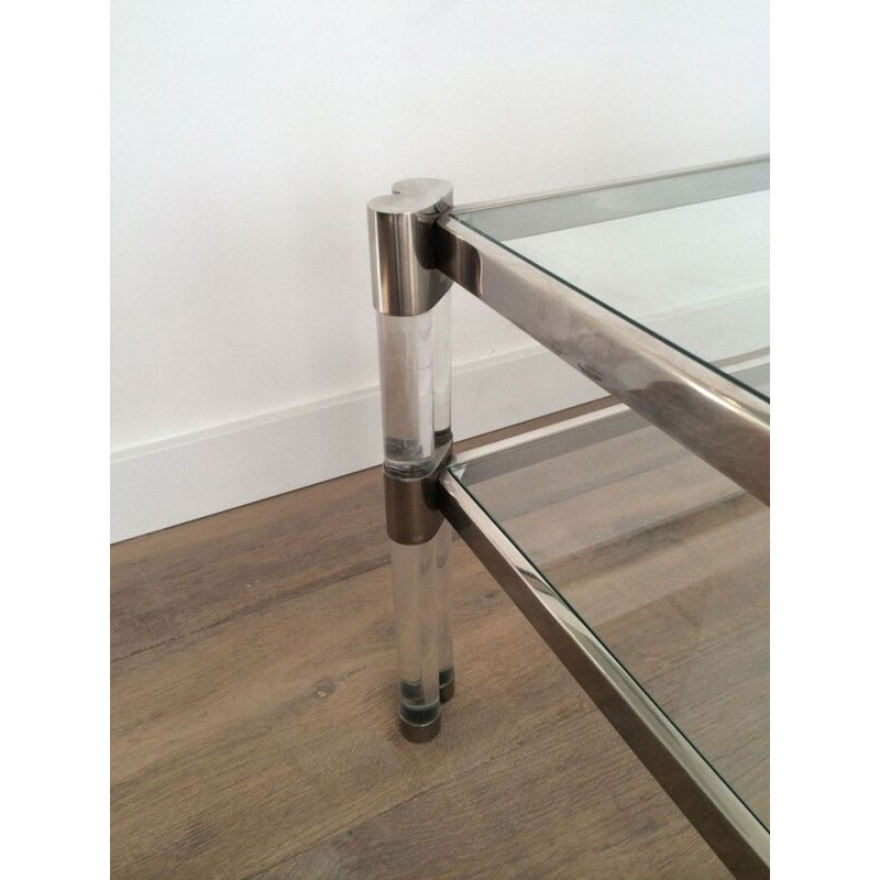 Grande Table Basse à Deux Niveaux en Lucite et Chrome, Plateaux de Verre et Roulettes, circa 1970