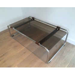 Table Basse à Deux Niveaux en Chrome, Cuir Brun et Verre Fumé, France circa 1950
