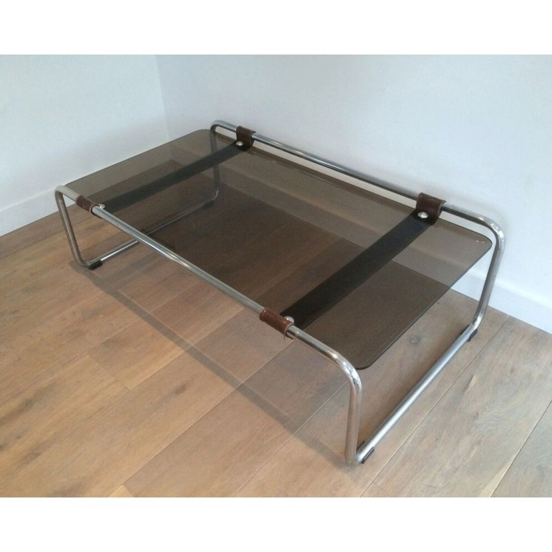 Table Basse à Deux Niveaux en Chrome, Cuir Brun et Verre Fumé, France circa 1950