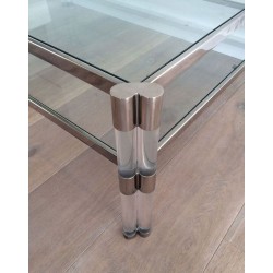 Grande Table Basse à Deux Niveaux en Lucite et Chrome, Plateaux de Verre et Roulettes, circa 1970