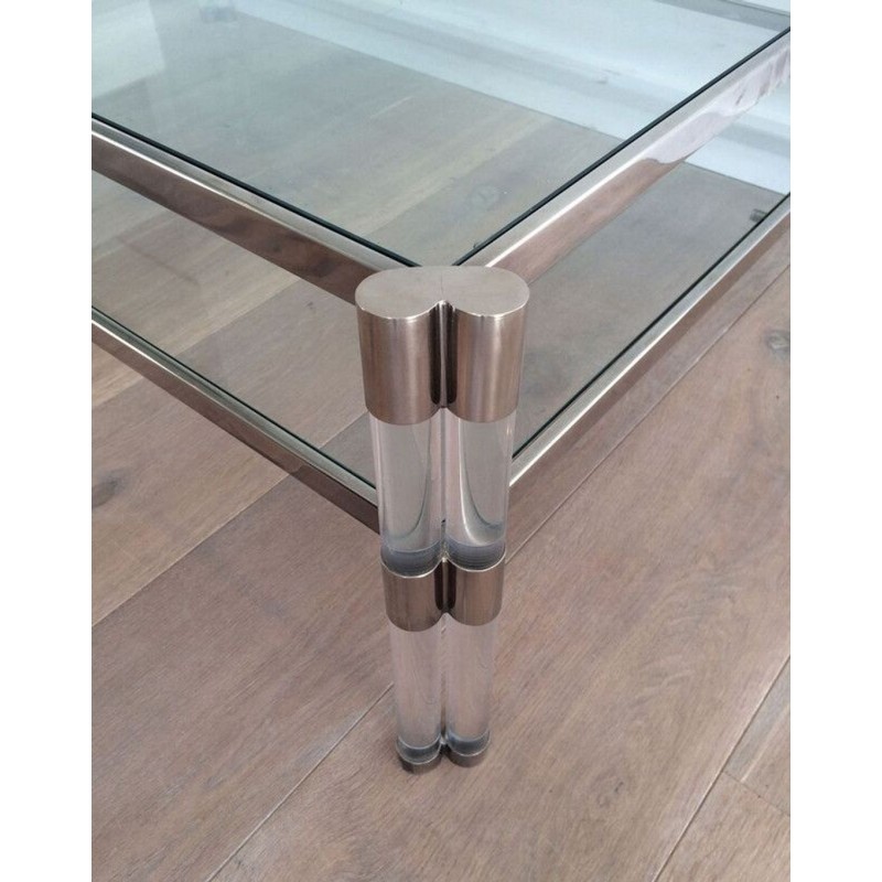 Grande Table Basse à Deux Niveaux en Lucite et Chrome, Plateaux de Verre et Roulettes, circa 1970