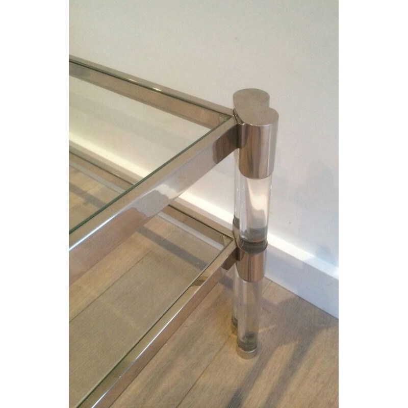 Grande Table Basse à Deux Niveaux en Lucite et Chrome, Plateaux de Verre et Roulettes, circa 1970