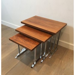Suite de Trois Tables Gigognes en Palissandre et Chrome, France circa 1970