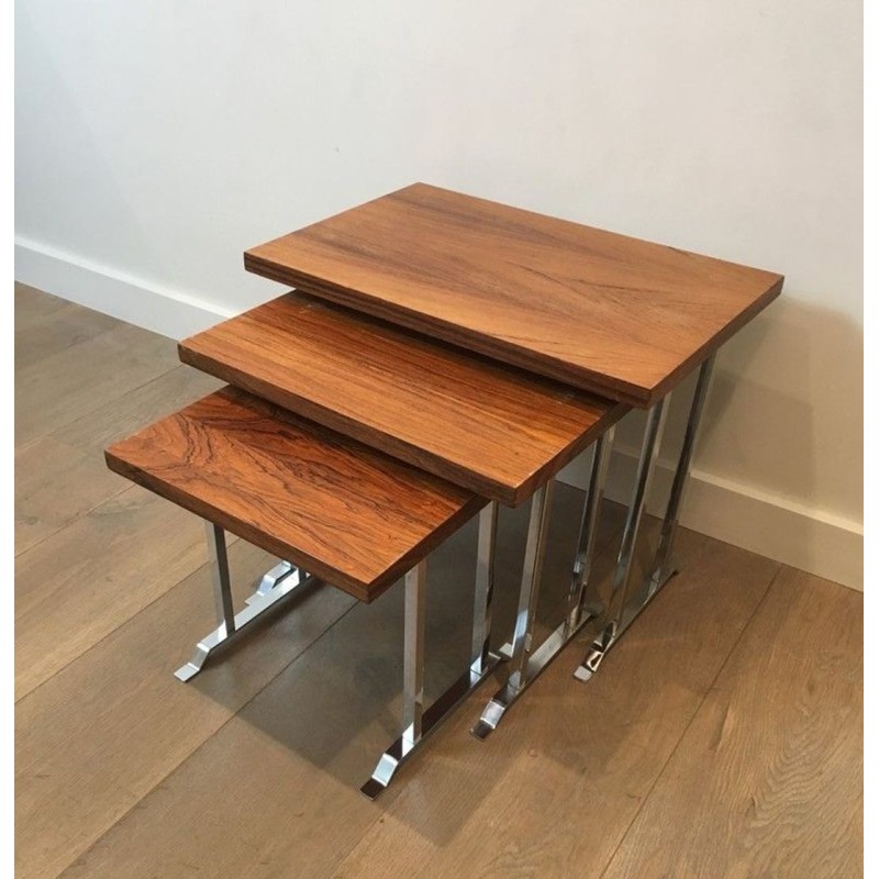 Suite de Trois Tables Gigognes en Palissandre et Chrome, France circa 1970