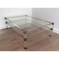 Grande Table Basse à Deux Niveaux en Lucite et Chrome, Plateaux de Verre et Roulettes, circa 1970